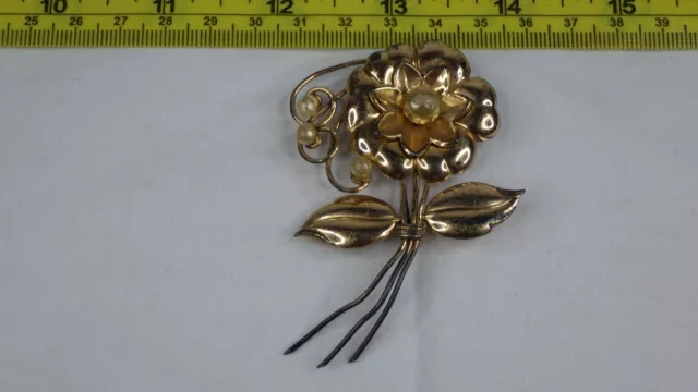 Vintage Sterling Silver 925 Pin Brooch Hairpin Flower Faux Pearl Gold Vermeil HI