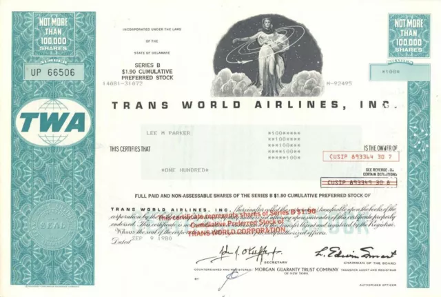 Trans World Airlines, Inc. (TWA) - Aviation Stock Certificate - Famous Commercia