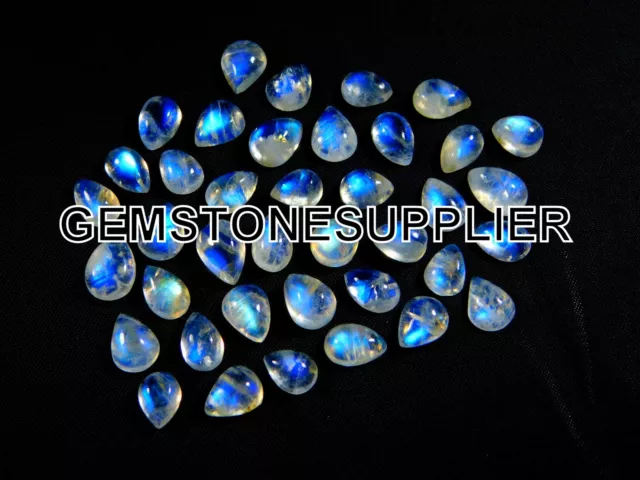 100%Natural Blue Fire Rainbow Moonstone Pear Cabochon Mm Approx Loose Gemstone