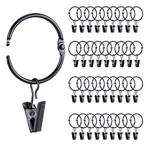 Roonoo 36 Pack Openable Metal Curtain Rings with Clips Fits Up to 1 Inch Rod