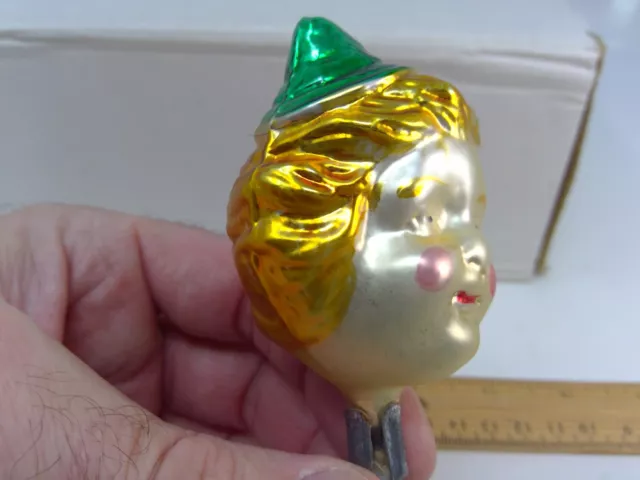 Vintage Clip-on Blonde Girl Head with Green Hat Glass Christmas Ornament 2