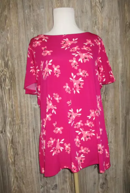 LIZ CLAIBORNE Dark Pink Floral Round Neck Short Sleeve Blouse Womens Large L