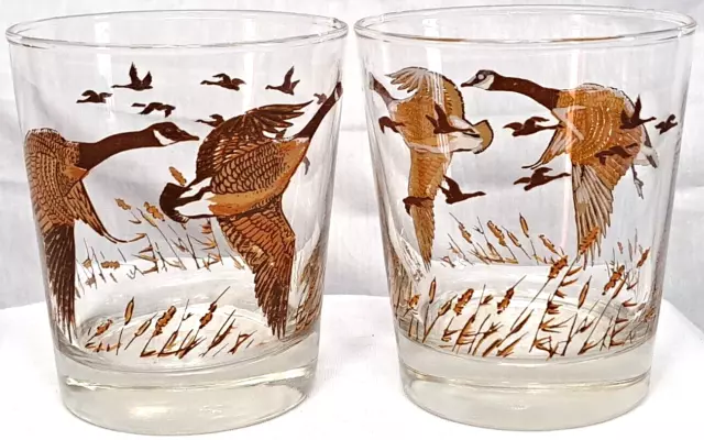 Vintage 2 Low Ball Libbey Canadian Geese 12 oz Glasses Whiskey Lodge Bar Rocks