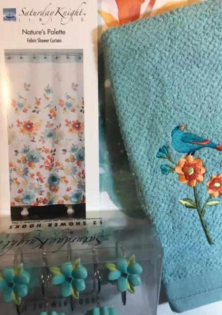 Florals & Bluebird Garden Bath Set NATURES PALETTE Shower Curtain Towels & Hooks