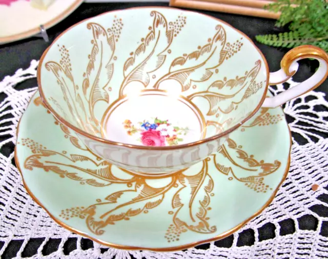C & E VICTORIA Tea cup and saucer floral rose  mint green 1930s teacup