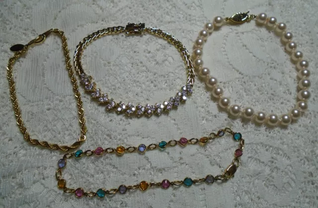 Assorted Multi-Color Crystal & Faux Pearl Beaded Gold Tone Chain Bracelet Lot