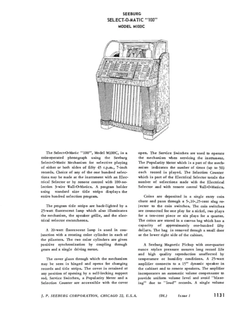 SEEBURG Select-O-Matic 100 Jukebox Service / Owners MANUAL (264 page) 2