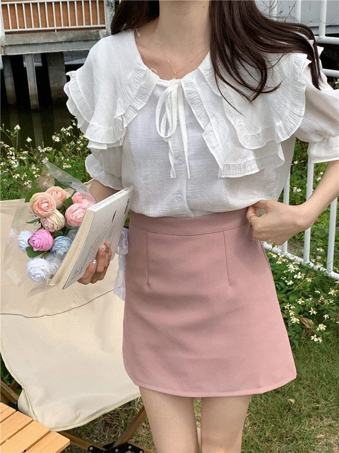 Maniche Corte Camicia Bianca Top Stile Coreano Due Pezzi a-Line Mini Gonna Nuovo