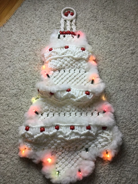 Vintage Handmade Macrame Christmas Tree 35 inch Wall Hanging Lights Mail Holder