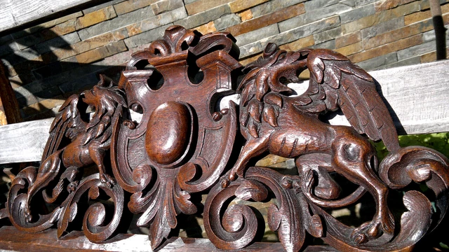 19thC Antique French Gothic Carved Oak Griffin Architectural Pediment  70cms