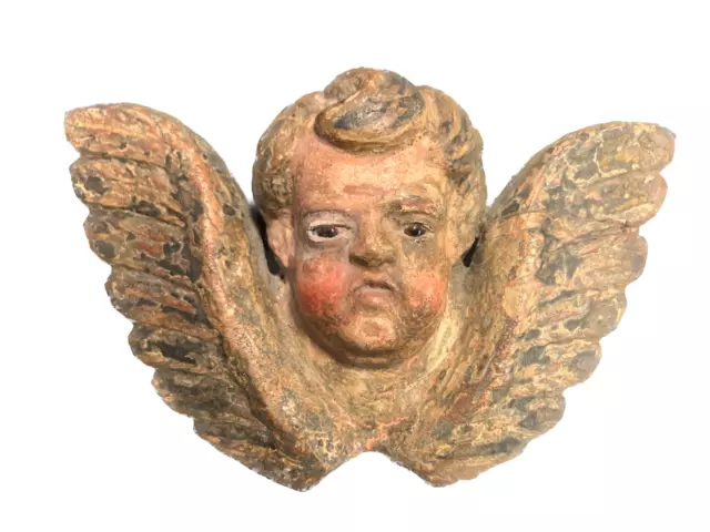 Arte sacra antica preziosa piccola scultra lignea raffigurante angelo PUTTINO co