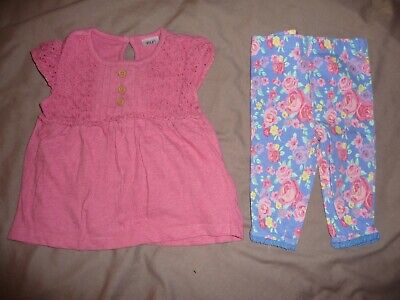 Baby girls' outfit - pink top and blue floral leggings - 0-3 months - VGC
