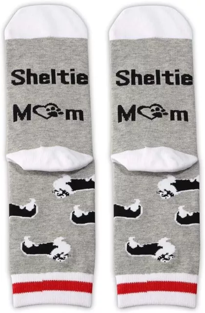 Sheltie Mom Dog Lover Crew Socks Shetland Sheepdog Gray White Red 2-Pair New