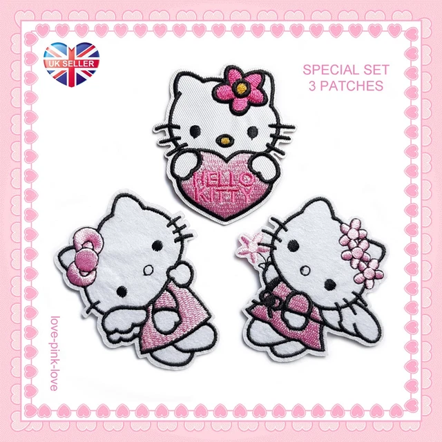SONDERSET 3ER HELLO KITTY Sanrio bestickte Applikation Bügeln Aufnähen Patch 🙂