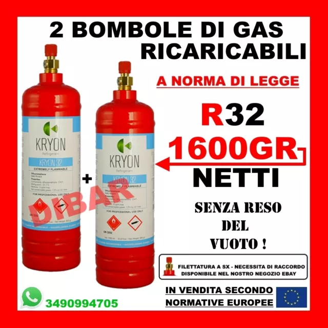 R32 Gas Refrigerante In 2 Bombole Ricaricabili Da 1 Litro 1600Gr Netto