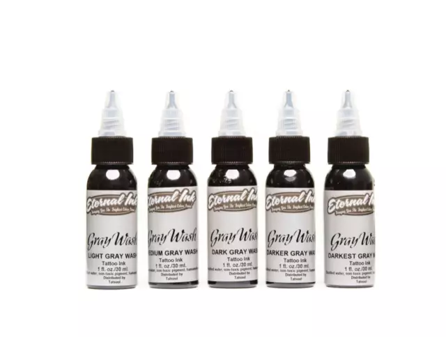 ETERNAL Tattoo Inks 1 oz Gray Wash Shading SET of 5 Colors Light Medium Dark