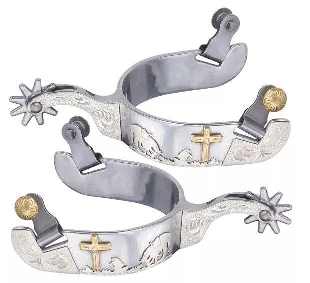 Western Spurs - Stainless Steel - Silver Praying Horse - Cowboy At The Cross