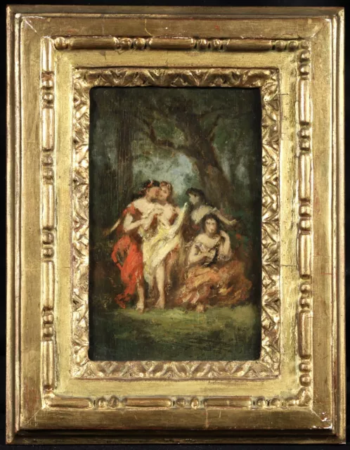 19th CENTURY FINE FRENCH BARBIZON OIL ON PANEL - NYMPHS IN THE FOREST