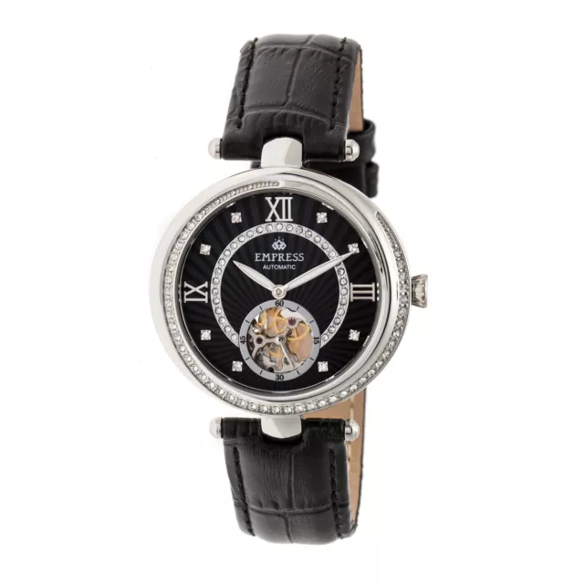 Empress Stella Autom�tico Semi-Skeleton Mop Leather-Band Reloj- Negro