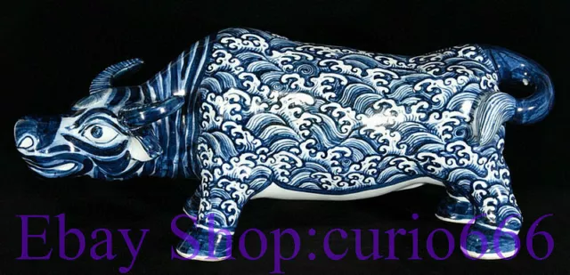 17" Marked Old China Blue White Porcelain Feng Shui Bull Oxen Ox Luck Sculpture