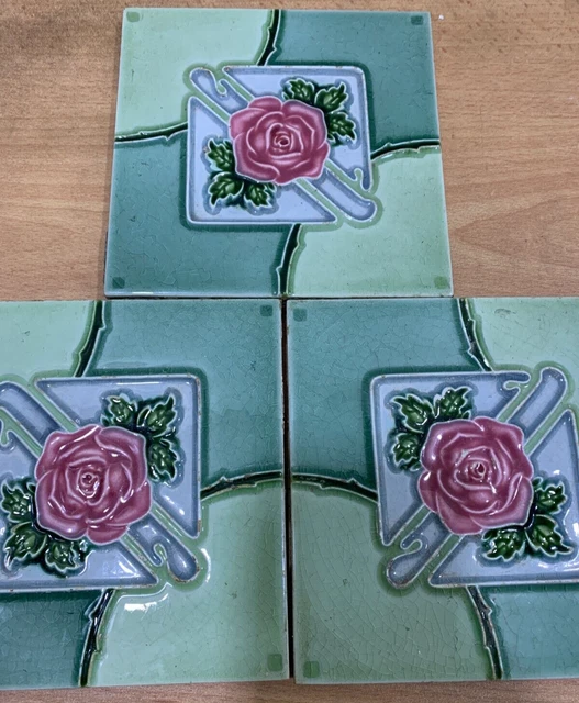 Tiles 3 pc England Rare Antique Vintage Art Deco Majolica Collectible 2