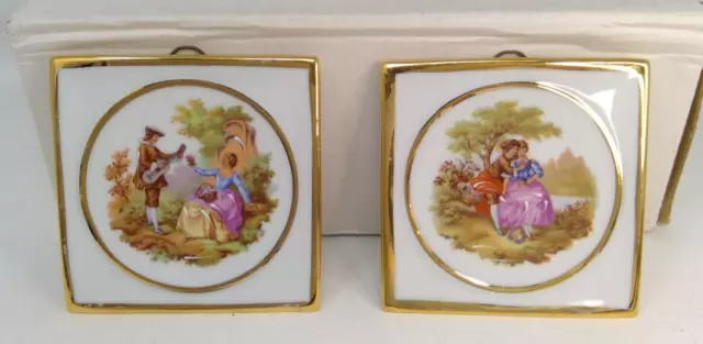 Pair of S A Limoges France Courting Couple 3 3/4" Square Plaques