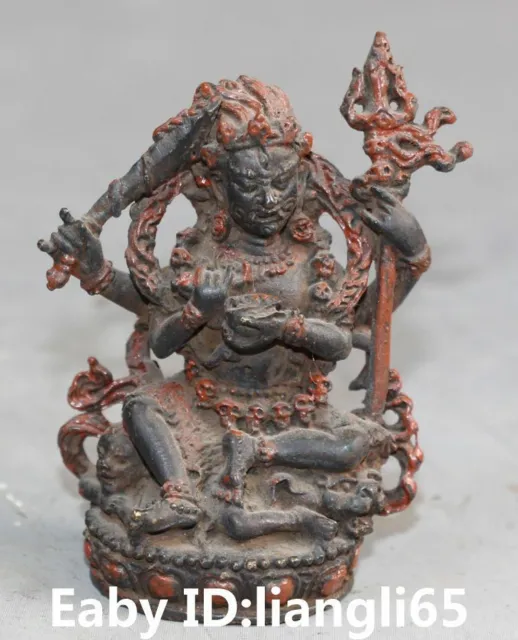 Old Tibet Black Bronze Zinnober 4 Arme Mahakala Wrathful Deity Buddha Statue