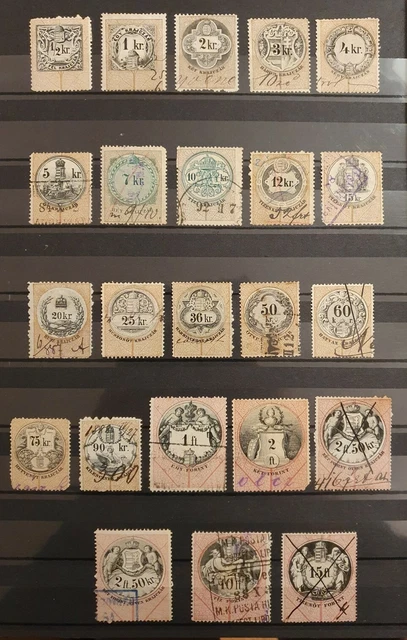 Satz Stempelmarken Ungarn 19. Jahrhundert (23) mit Höchstwerten bis 15 Gulden!