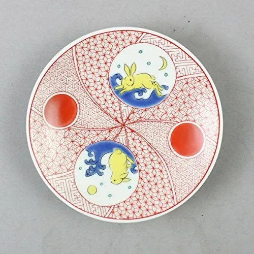 KUTANI YAKI WARE Small Plate Rabbit Full Moon Crescent  Auspicious Cool Japan