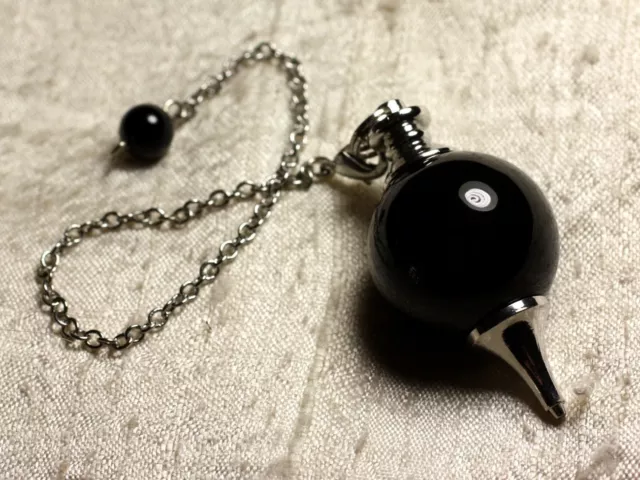Pendule Métal Argenté Rhodium et Pierre semi précieuse - Agate noire Boule 25mm