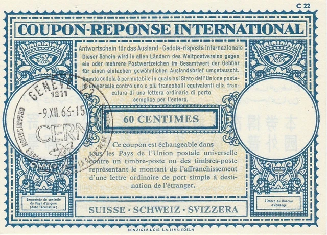 Switzerland International Reply Coupon  60 c CERN  1965
