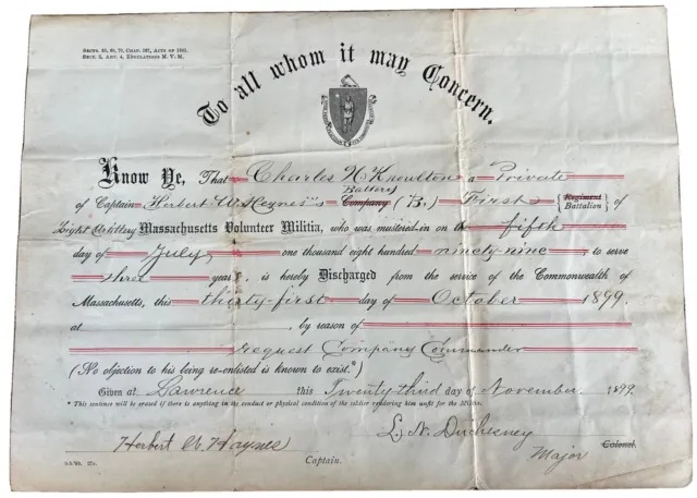 Original Massachusetts Volunteer Militia Discharge Certificate