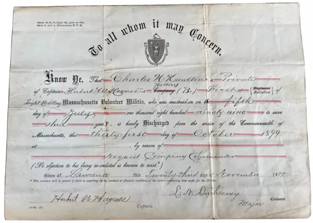 Original Massachusetts Volunteer Militia Discharge Certificate Original Massachusetts Volunteer Militia Discharge Certificate