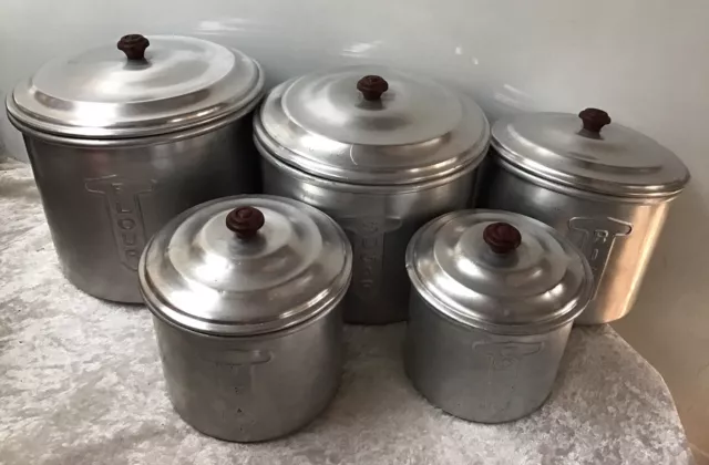 Art Deco Rex RACO Set Of Five Graduating Aluminium Kitchen Canisters Vintage