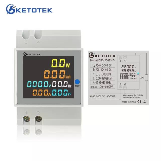 Din Rail AC Power Energy Meter Wattmeter 40-300V 100A Voltmeter Ammeter Monitor