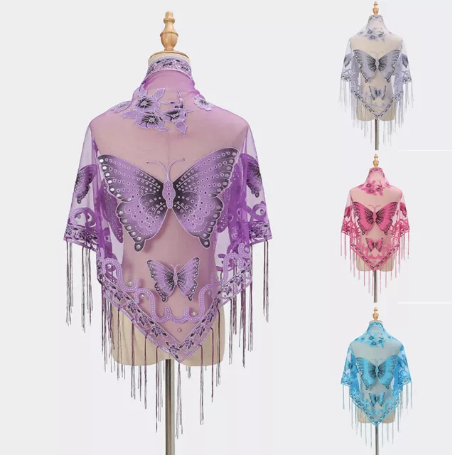 Butterfly Embroidery Chic Stunning Vintage Lace Triangle Scarf With Drop Tassels
