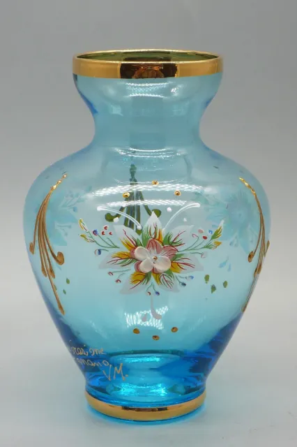 Vintage Vecchia Murano Blue Glass Hand-Painted Bud Vase Gold Trim 5.25” Signed