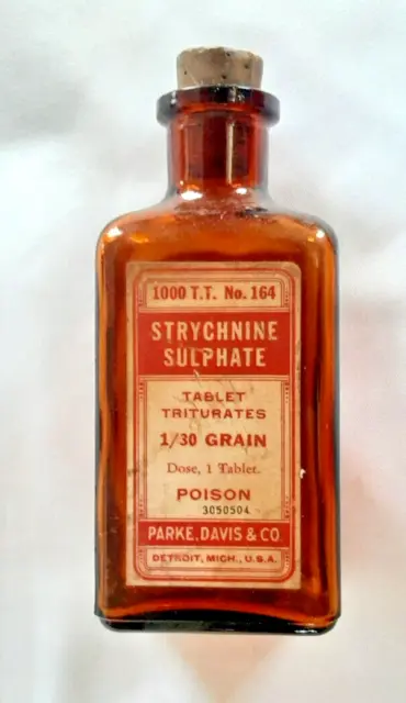 Antique Strychnin Sulphate. Poison Drug Bottle ☠ Glass Apothecary Cork Top