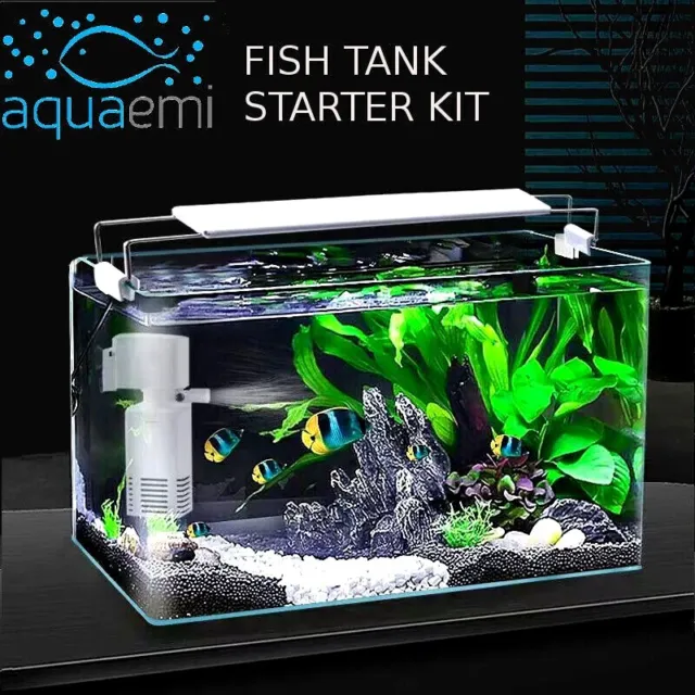 35L 60L Glass Aquarium Fish Tank Starter Kit Air Filter Pump Net Stone LED Light