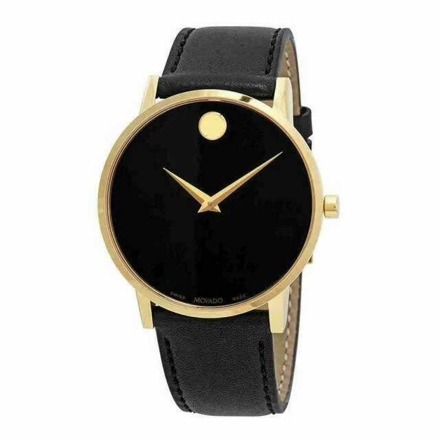 Movedo Swiss Museum Classic Black Dial Leather Strap Men's Slim Gold Watch