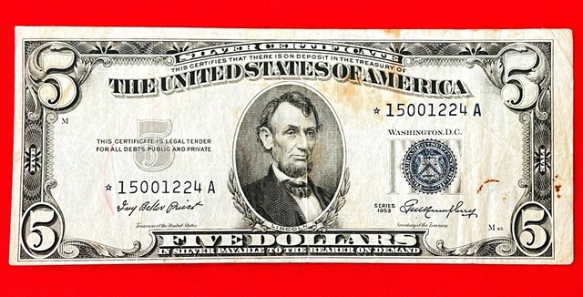 1953 $5 SILVER CERTIFICATE STAR NOTE with LOW SERIAL NUMBER USA Five Dollar Bill