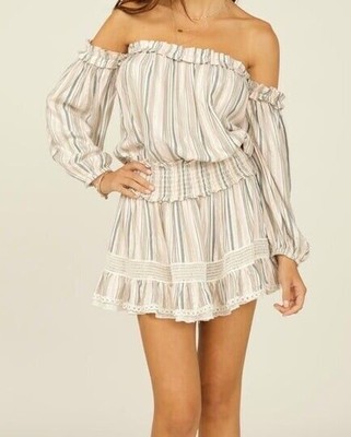 Surf Gypsy White Pink Brown Striped Off the Shoulder Dress/Top - NWT - Size M