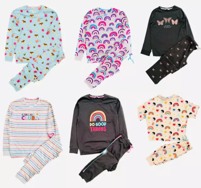 Ex Famous Store Girls Pyjamas Pj's Cotton Full Length Cuffed Rainbow Pink Grey