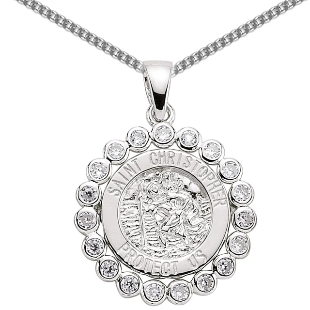 Jewelco London Silver CZ Bubble Halo St Christopher Medallion Necklace 18 inch