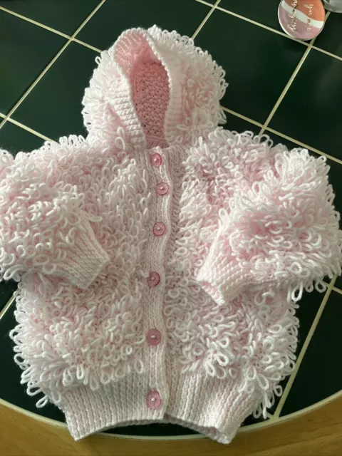 Hand Knitted Baby Pink Loopy Hooded Cardigan Size 6/12 Months