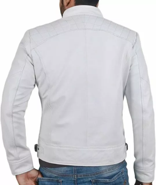 Uomo pelle Bianca Giacca Originale pelle D'Agnello Slim Fit Motociclista Giacca 2