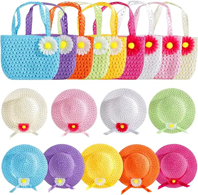 9 Sets Girls Tea Party Hats Purse Sets, Summer Beach Daisy Flower Sun Straw Hats