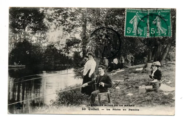 C14067 - an antique postcard - CRETEIL - family fishing