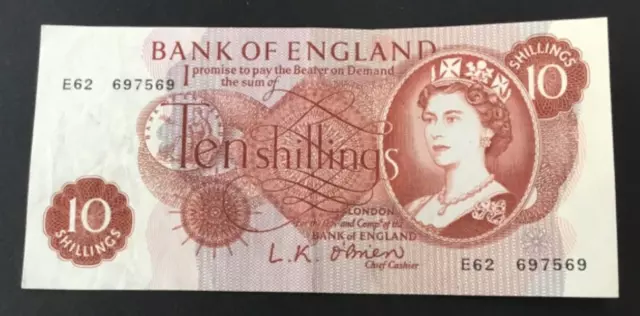 Banknote Of England Ten Shillings. LK. O’Brien. E62. Excellent Condition.