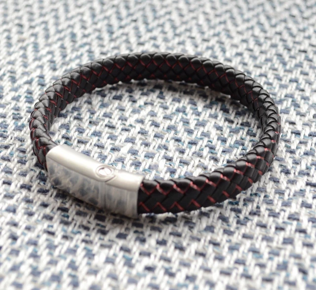Red & Black Mens Urn Cremation Leather Bracelet Ashes Holder Memorial Jewellery